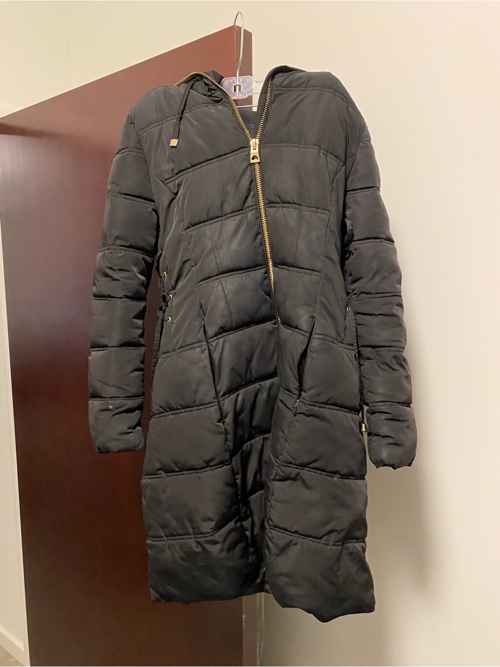 Guess Black Hooded Quilted Long Puffer Coat